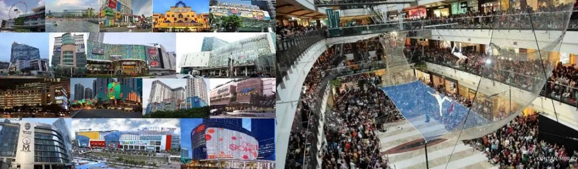 From left to right: Malls in Jakarta (Mega, 2019a) and the atmosphere inside the PIM 2 Mall atrium (Kontan, 2019).