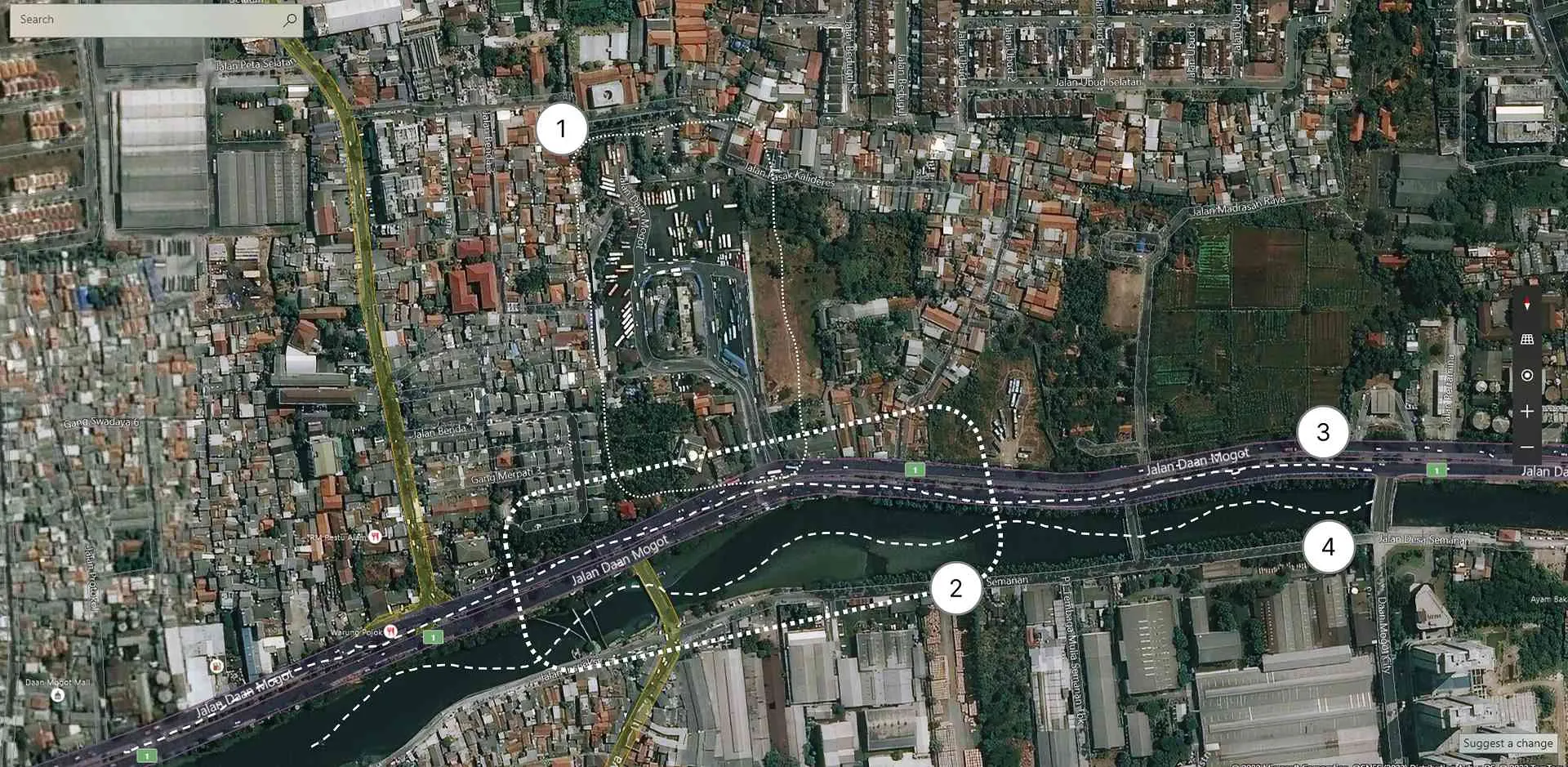Map: (1) Kalideres Terminal Area; (2) Design Area; (3) Daan Mogot Arterial Road; (4) Mokervart River.