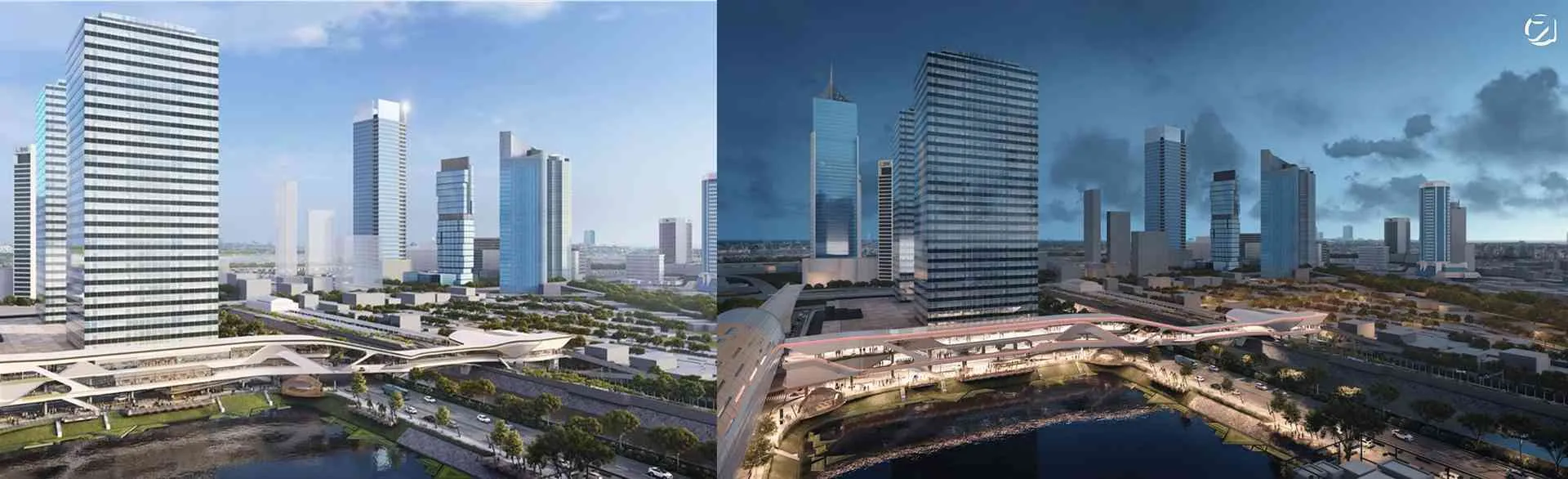 Concept design of the Serambi Temu pedestrian bridge (PB) in the day and night (MITJ, 2021b).