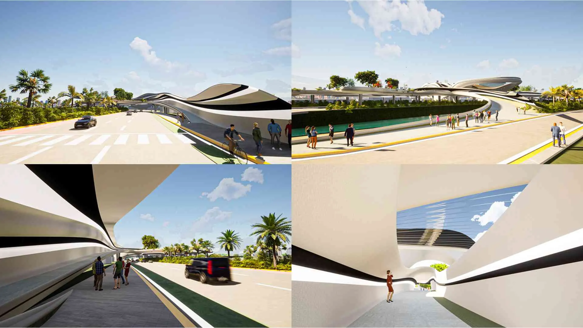 Sequence from left to right: Visualization of the TJ bus stop on the east, south, west sides, and the circulation area.