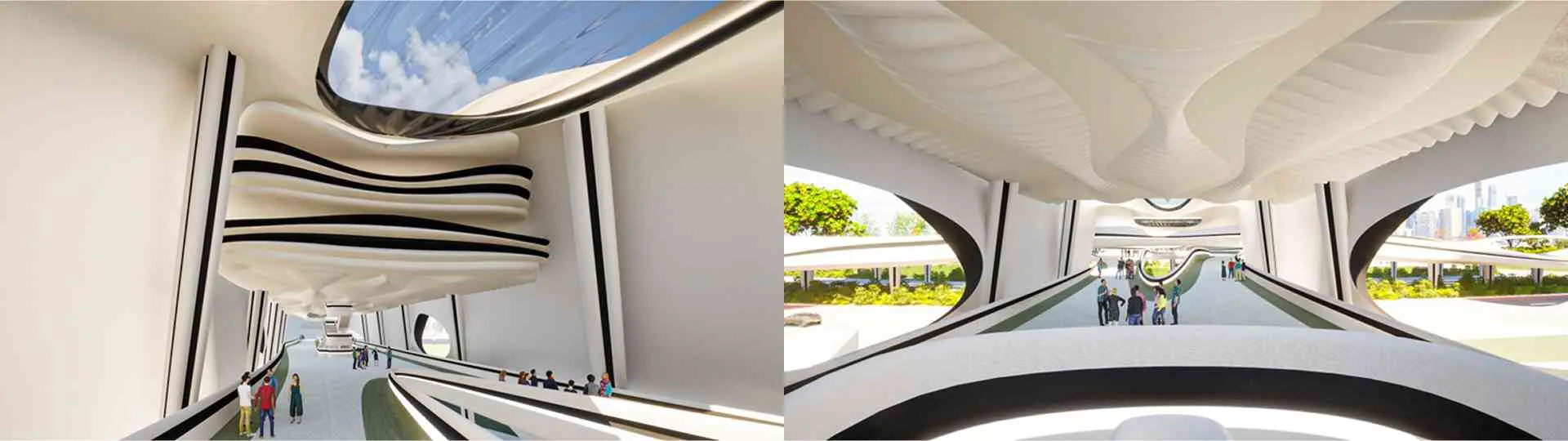Sequence from left to right: Visualization of the circulation transition from the first floor of the platform to/from the tower toward the terminal, and the view from the stairs.