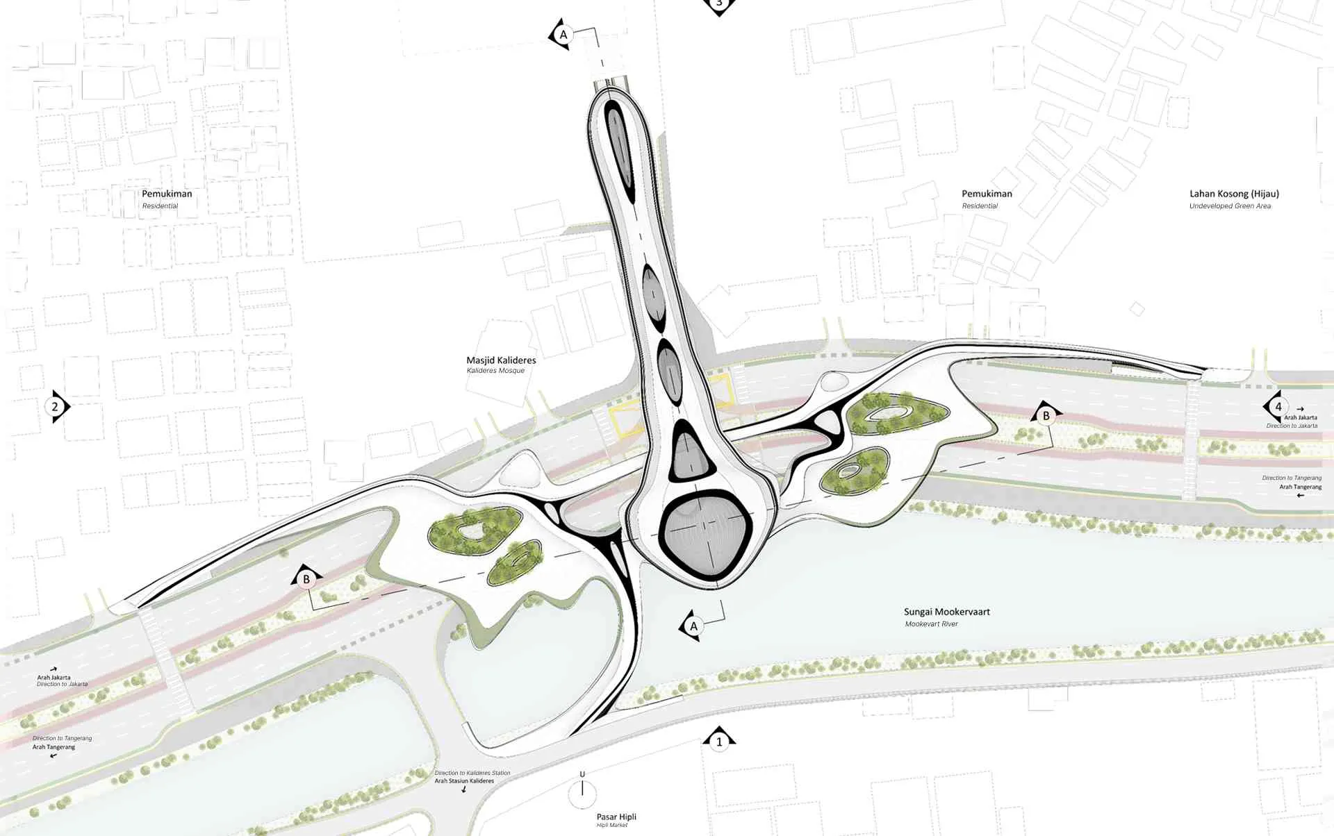 Site plan showing the design pattern of platforms, TH buildings, entrances, green spaces, and their context. (a) Section A-A (see: Figure 5.4); (b) Section B-B (see: Figure 5.4).