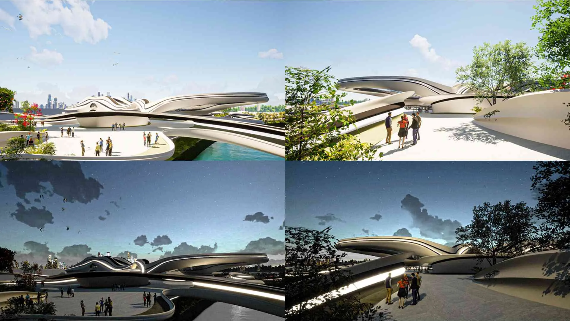 Visualization of the morning and night ambiance of the semi-public building on the north-south axis, featuring a larger shading system than the platform.