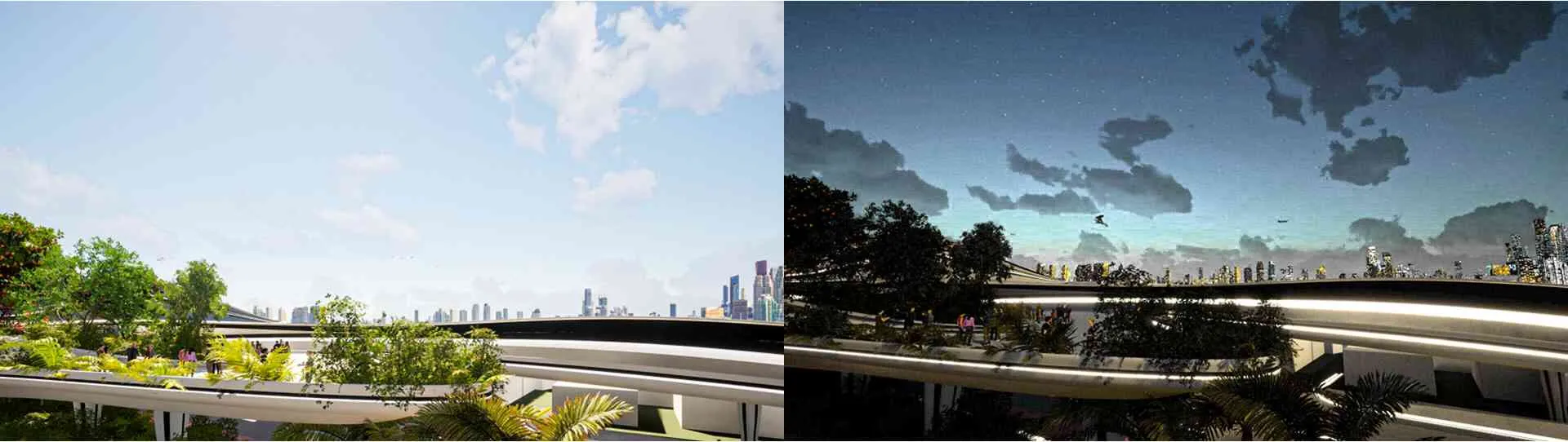 Visualization of the morning and night ambiance in the green space on the platform.