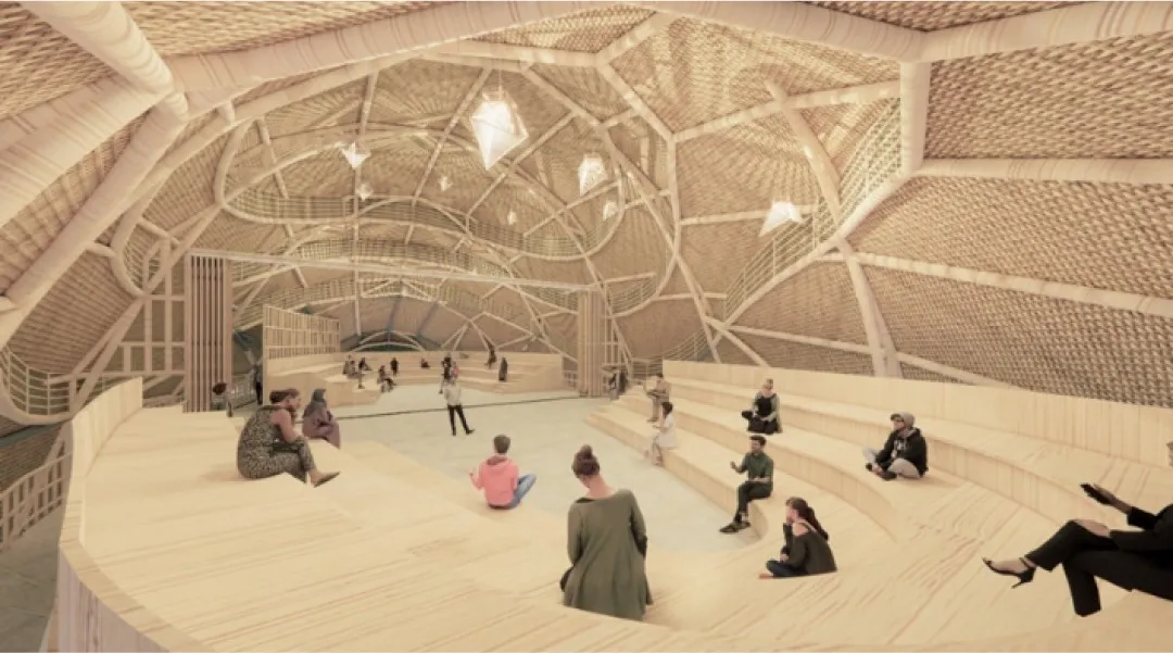 Use of bamboo in roof frames and building interiors.