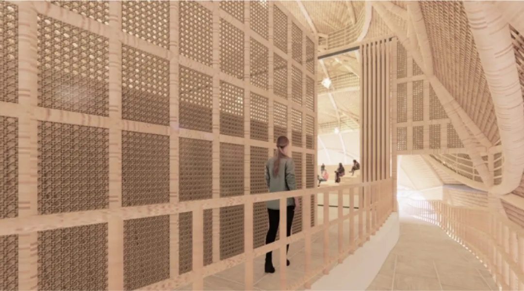 Use of bamboo material on building walls.