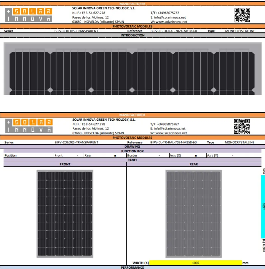 Details of the module configuration for BIPV Colors Transparent PV modules by Solar Innova Green Technology (Spain). Serial code: BIPV-COLORS-TRANSPARENT, Type: Monocrystalline. Reference code: BIPV-CL-TR-RAL-7024-M158-60.