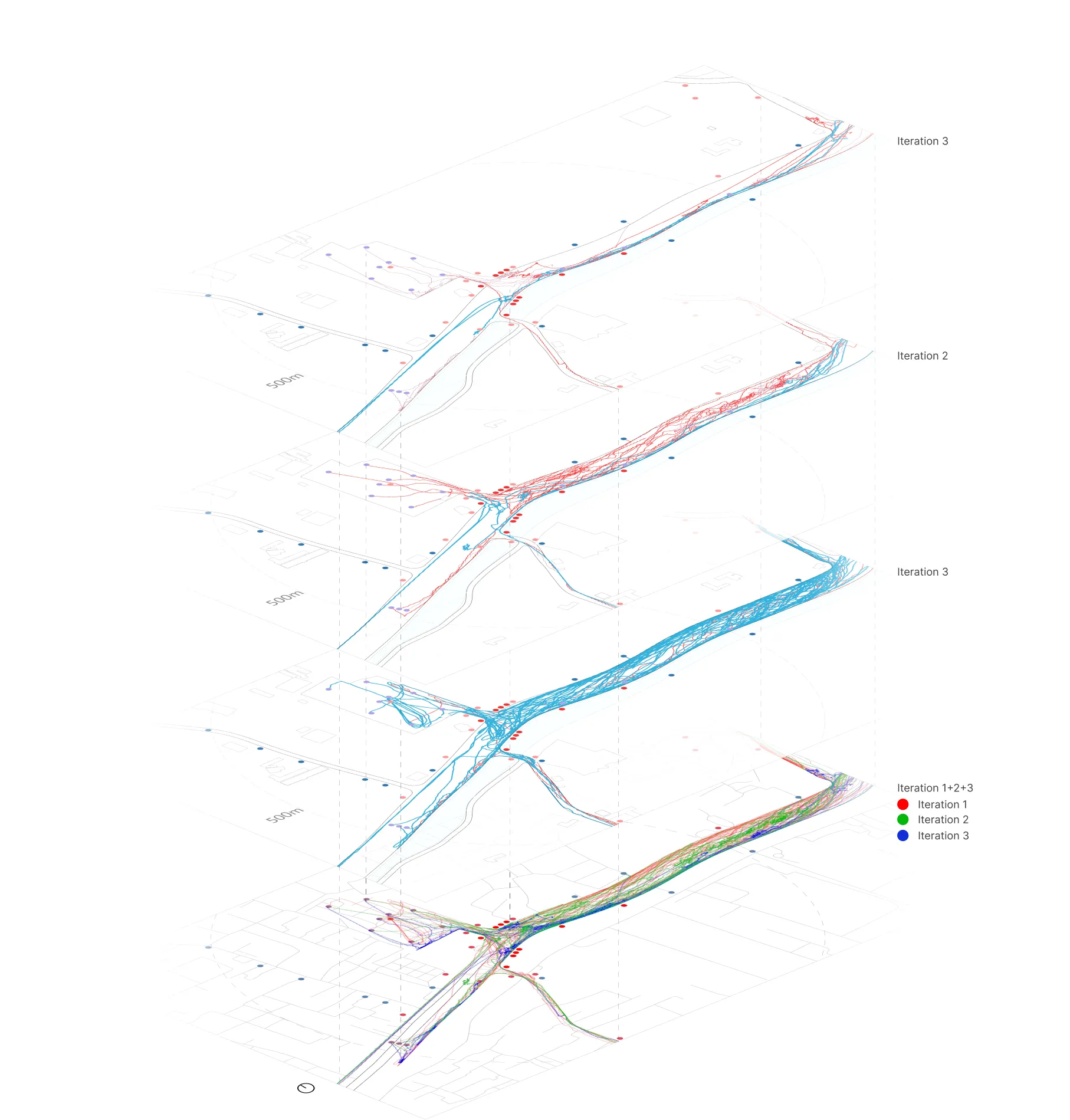 Aggregated results from agent-based simulations in Iterations 1, 2, and 3, illustrating crowd movement in the virtual environment